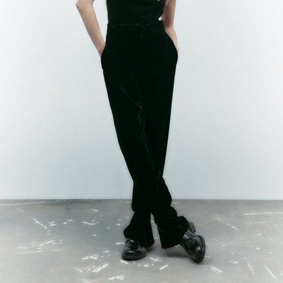 Zara High Waisted Long Velvet Gathered Ankle Trousers L - Picture 1 of 16
